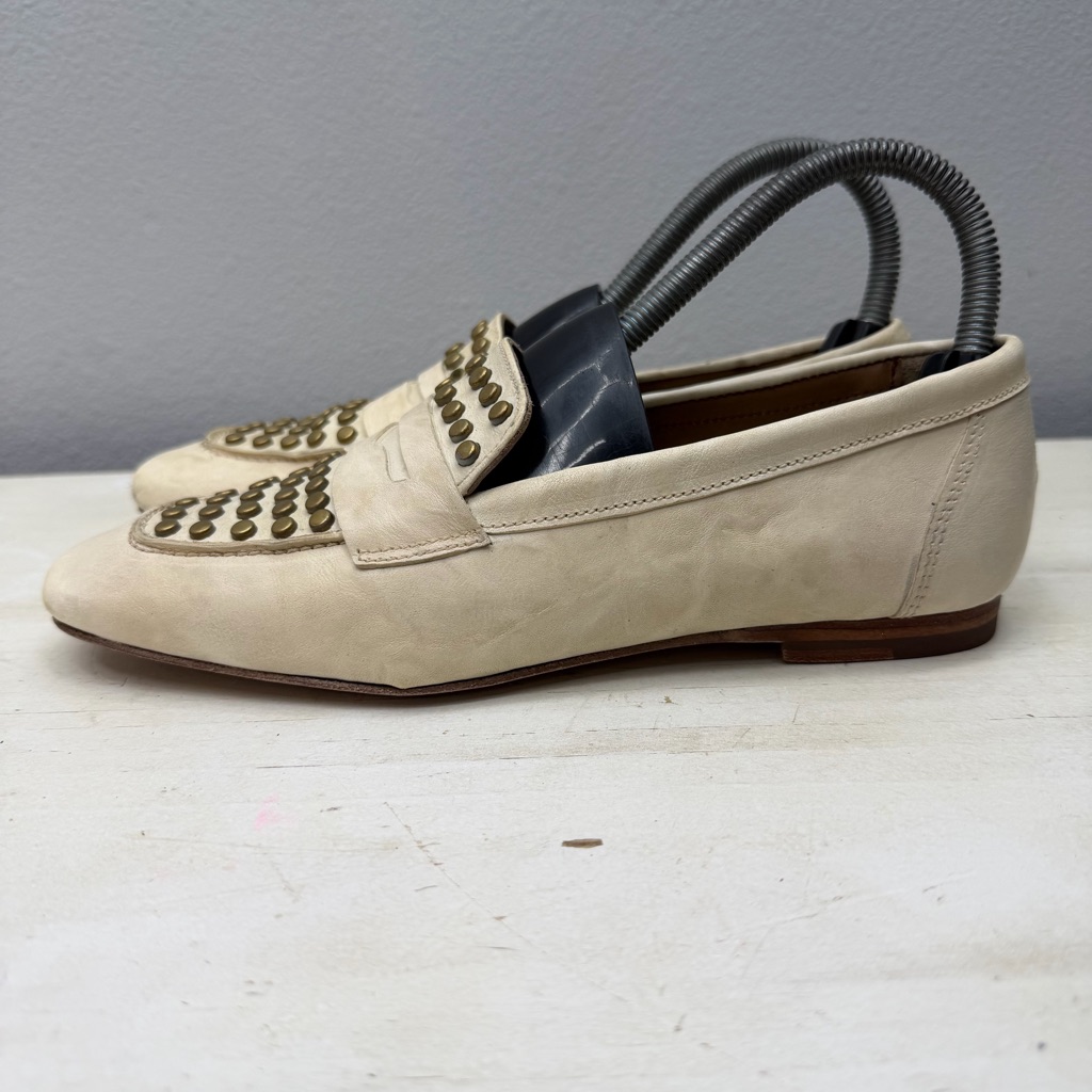 Calleen Cordero White Leather Gold Studded Penny Loafers Size 6